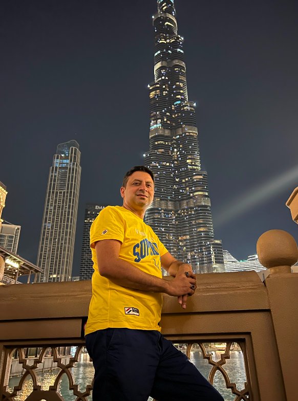 Shahid Sheikh in Dubai, in front of the Burj Khalifa